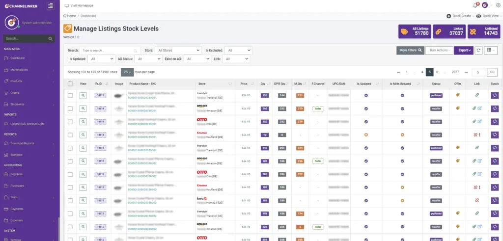Manage listings stock levels